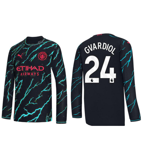 2023-24 Manchester City 24 Josko Gvardiol Third Black Long Sleeve Jersey