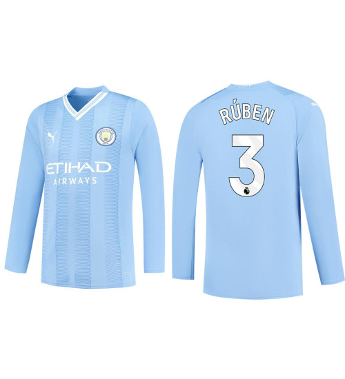 2023-24 Manchester City 3 Ruben Dias Home Blue Long Sleeve Jersey
