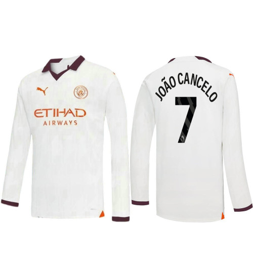 Youth 2023-24 Manchester City 7 Joao Cancelo Away White Long Sleeve Jersey