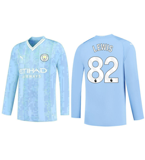 Youth 2023-24 Manchester City 82 Rico Lewis Home Blue Long Sleeve Jersey