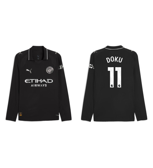 2025-2026 Manchester City 11. Jeremy Doku Authentic Black Away Long Sleeve Jersey