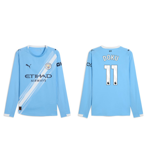 2025-2026 Manchester City 11. Jeremy Doku Authentic Blue Home Long Sleeve Jersey