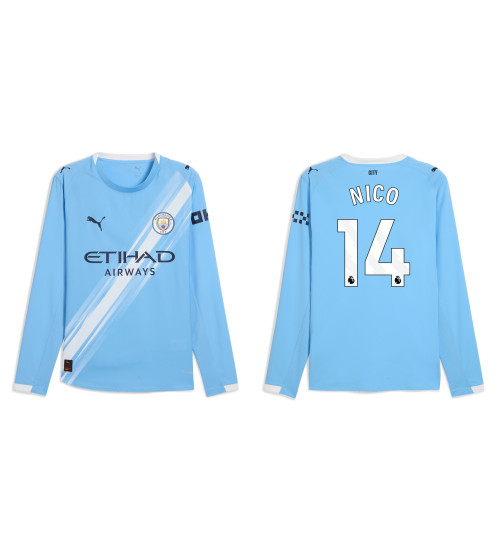 2025-2026 Manchester City 14. Nico Gonzalez Authentic Blue Home Long Sleeve Jersey