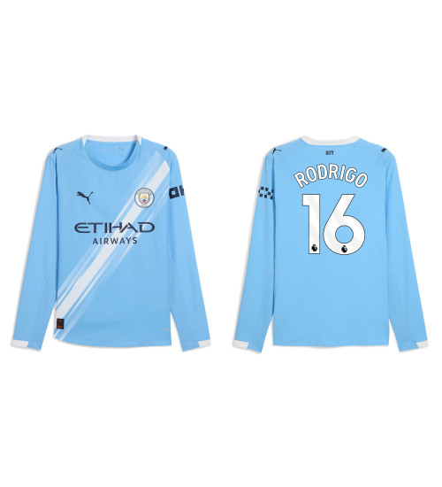 2025-2026 Manchester City 16. Rodrigo Authentic Blue Home Long Sleeve Jersey