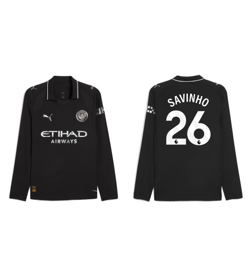 2025-2026 Manchester City 26. Savinho Replica Black Away Long Sleeve Jersey