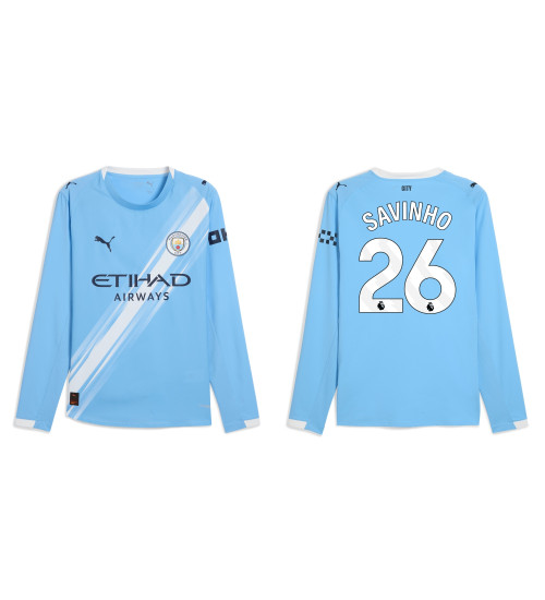 2025-2026 Manchester City 26. Savinho Authentic Blue Home Long Sleeve Jersey