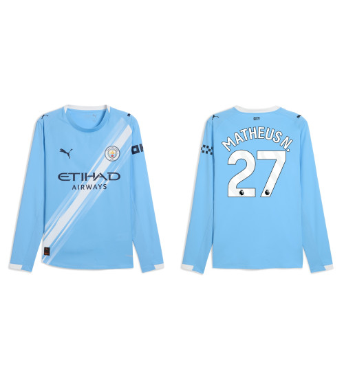 2025-2026 Manchester City 27. Matheus Nunes Replica Blue Home Long Sleeve Jersey
