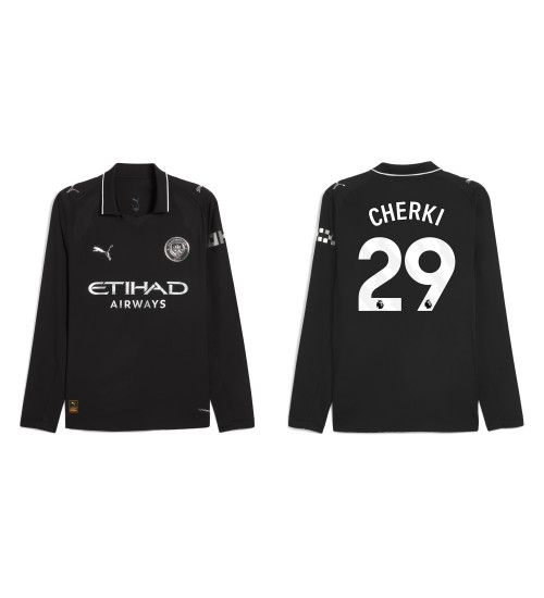 2025-2026 Manchester City 29. Rayan Cherki Replica Black Away Long Sleeve Jersey