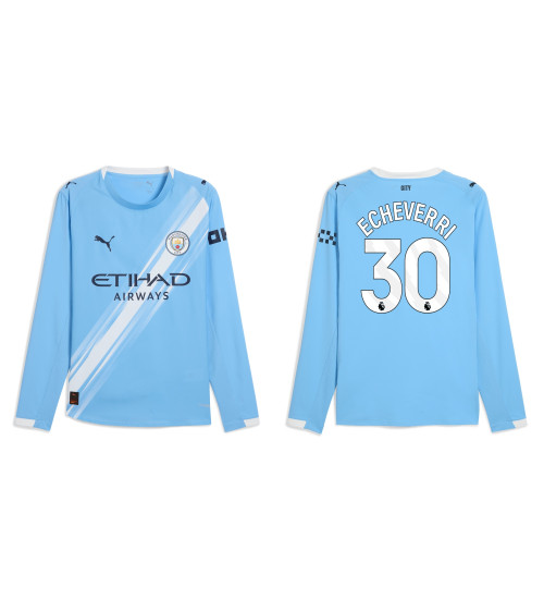 2025-2026 Manchester City 30. Claudio Echeverri Authentic Blue Home Long Sleeve Jersey
