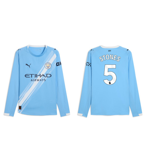2025-2026 Manchester City 5. John Stones Authentic Blue Home Long Sleeve Jersey
