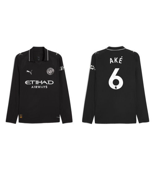 2025-2026 Manchester City 6. Nathan Ake Replica Black Away Long Sleeve Jersey
