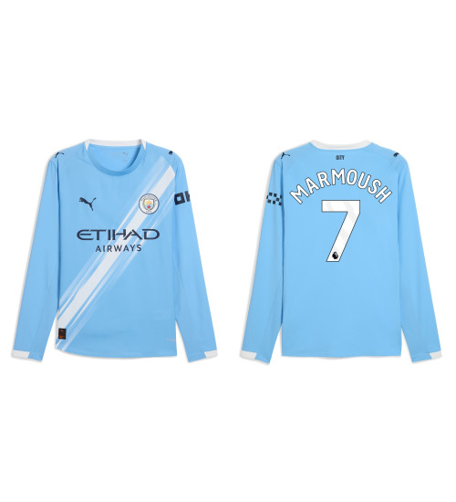 2025-2026 Manchester City 7. Omar Marmoush Authentic Blue Home Long Sleeve Jersey