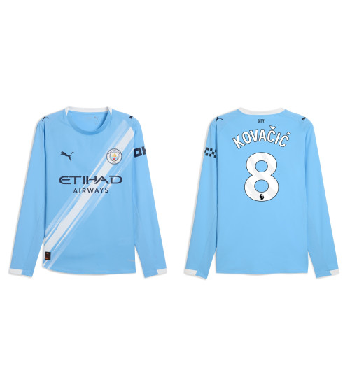 2025-2026 Manchester City 8. Mateo Kovacic Replica Blue Home Long Sleeve Jersey