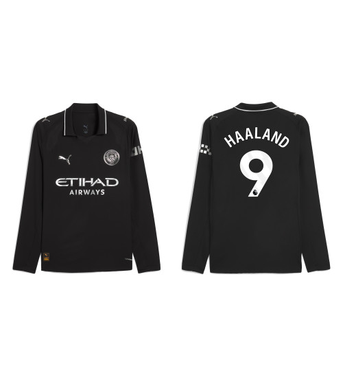 2025-2026 Manchester City 9. Erling Haaland Replica Black Away Long Sleeve Jersey