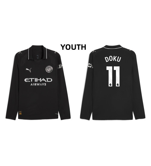 Youth 2025-2026 Manchester City 11. Jeremy Doku Authentic Black Away Long Sleeve Jersey