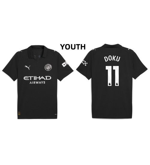 Youth 2025-2026 Manchester City 11. Jeremy Doku Replica Black Away Jersey