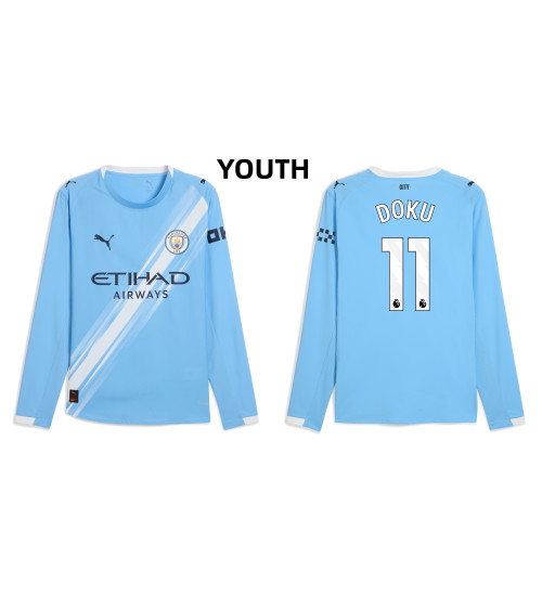 Youth 2025-2026 Manchester City 11. Jeremy Doku Authentic Blue Home Long Sleeve Jersey