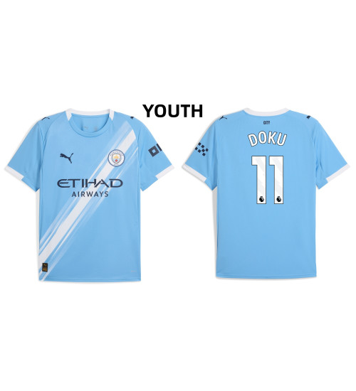 Youth 2025-2026 Manchester City 11. Jeremy Doku Replica Blue Home Jersey