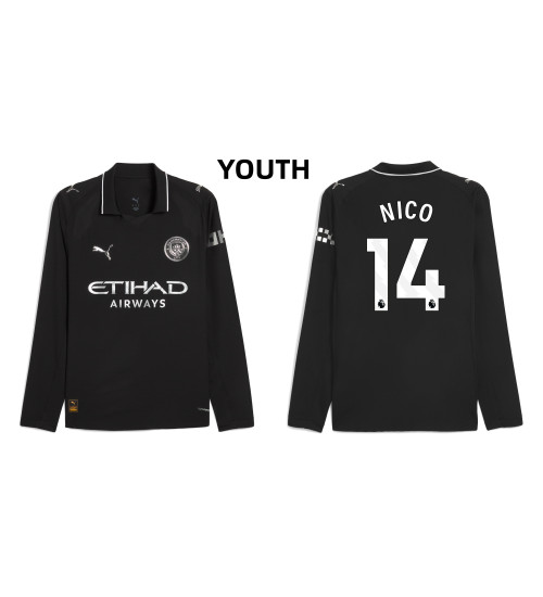 Youth 2025-2026 Manchester City 14. Nico Gonzalez Replica Black Away Long Sleeve Jersey