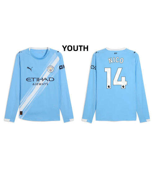 Youth 2025-2026 Manchester City 14. Nico Gonzalez Replica Blue Home Long Sleeve Jersey