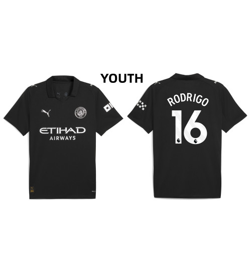 Youth 2025-2026 Manchester City 16. Rodrigo Replica Black Away Jersey