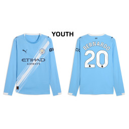 Youth 2025-2026 Manchester City 20. Bernardo Silva Replica Blue Home Long Sleeve Jersey