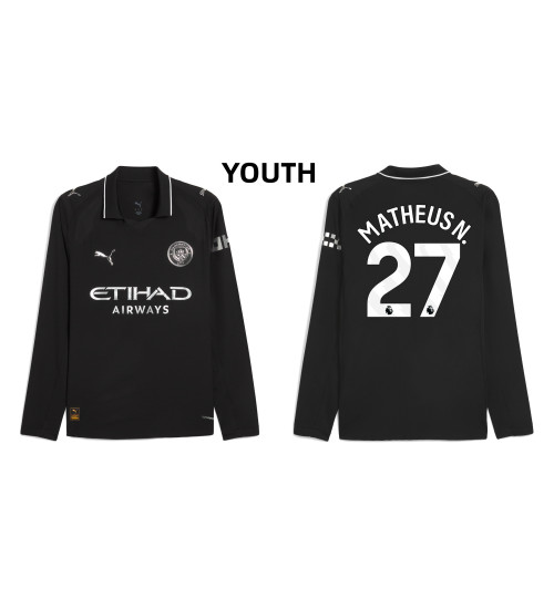 Youth 2025-2026 Manchester City 27. Matheus Nunes Authentic Black Away Long Sleeve Jersey