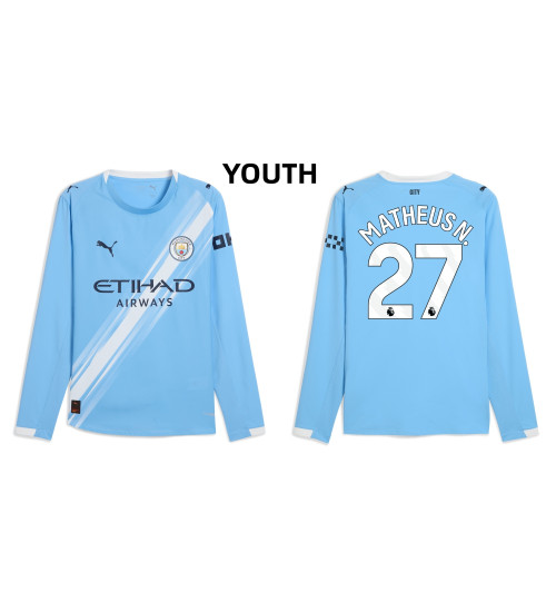 Youth 2025-2026 Manchester City 27. Matheus Nunes Replica Blue Home Long Sleeve Jersey