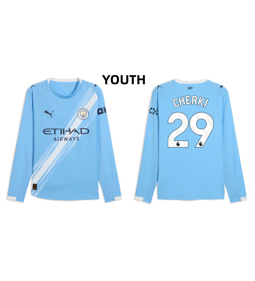 Youth 2025-2026 Manchester City 29. Rayan Cherki Authentic Blue Home Long Sleeve Jersey