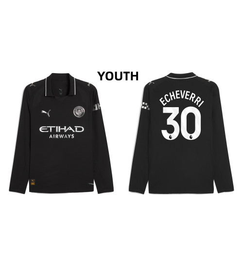 Youth 2025-2026 Manchester City 30. Claudio Echeverri Replica Black Away Long Sleeve Jersey