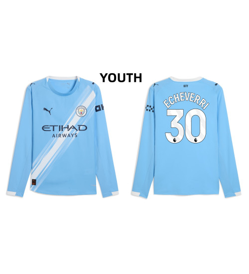 Youth 2025-2026 Manchester City 30. Claudio Echeverri Authentic Blue Home Long Sleeve Jersey