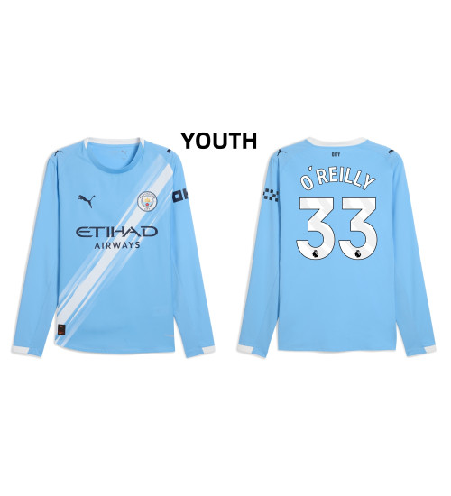 Youth 2025-2026 Manchester City 33. Nico O'Reilly Replica Blue Home Long Sleeve Jersey