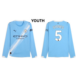 Youth 2025-2026 Manchester City 5. John Stones Authentic Blue Home Long Sleeve Jersey