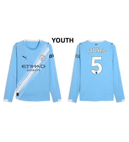 Youth 2025-2026 Manchester City 5. John Stones Authentic Blue Home Long Sleeve Jersey
