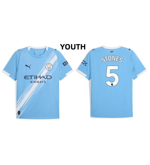 Youth 2025-2026 Manchester City 5. John Stones Authentic Blue Home Jersey