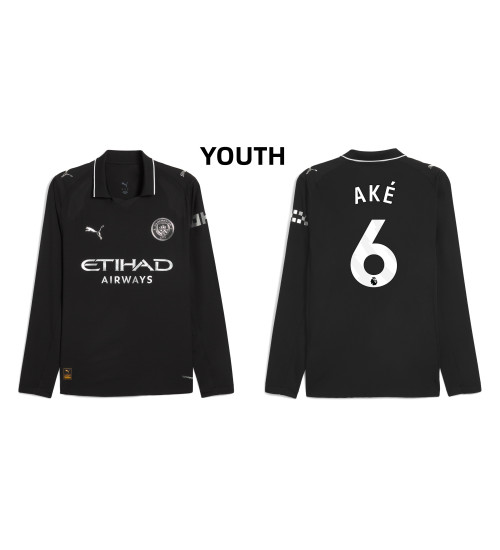 Youth 2025-2026 Manchester City 6. Nathan Ake Authentic Black Away Long Sleeve Jersey
