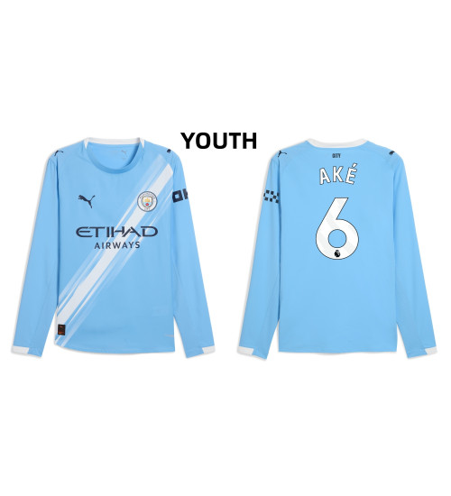 Youth 2025-2026 Manchester City 6. Nathan Ake Authentic Blue Home Long Sleeve Jersey