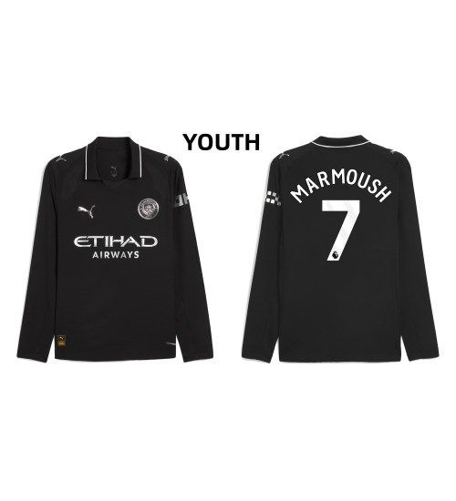 Youth 2025-2026 Manchester City 7. Omar Marmoush Replica Black Away Long Sleeve Jersey