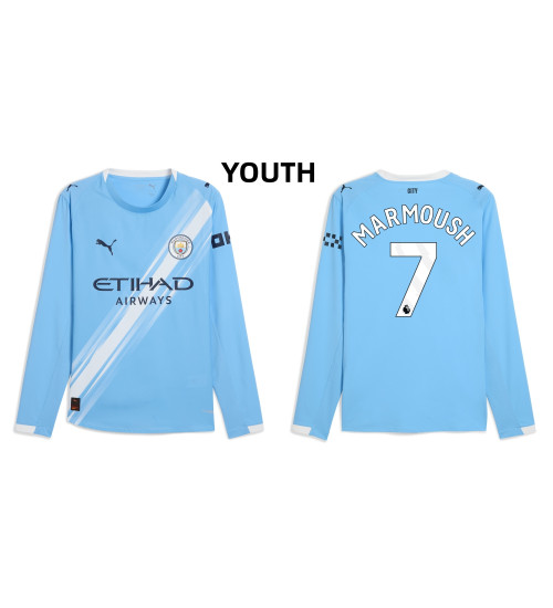 Youth 2025-2026 Manchester City 7. Omar Marmoush Authentic Blue Home Long Sleeve Jersey