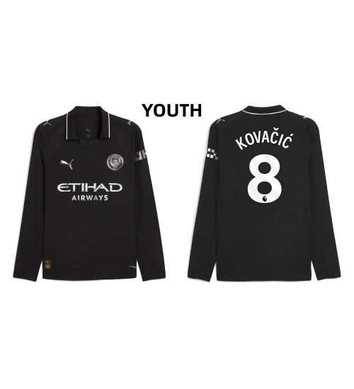Youth 2025-2026 Manchester City 8. Mateo Kovacic Authentic Black Away Long Sleeve Jersey