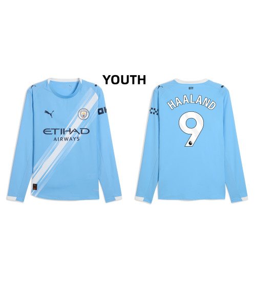 Youth 2025-2026 Manchester City 9. Erling Haaland Authentic Blue Home Long Sleeve Jersey