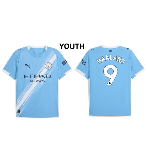 Youth 2025-2026 Manchester City 9. Erling Haaland Replica Blue Home Jersey