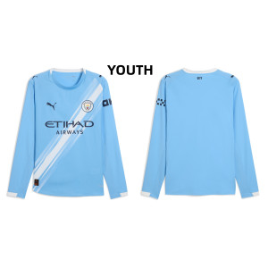 Youth Customize 2025-2026 Manchester City Replica Blue Home Long Sleeve Jersey